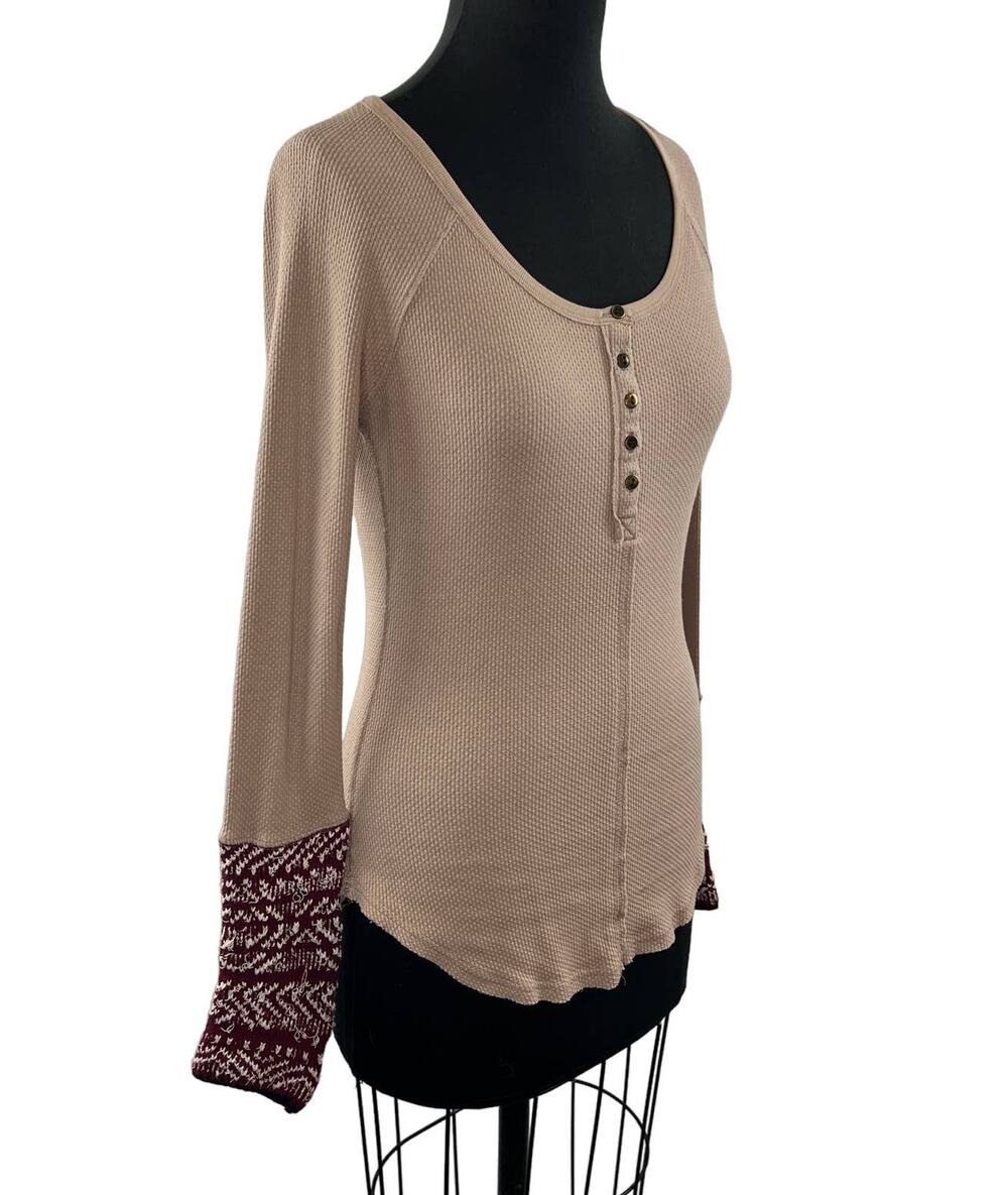 FREE PEOPLE Beige Henley Sweater Cotton Rib Scoop Neck Long Sleeve Pullover L